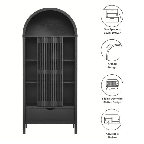 Modway Furniture Vaughn 71" Arched Storage Display Cabinet - Modern Design with Adjustable Shelves & Sliding Door Black EEI-7167-BLK