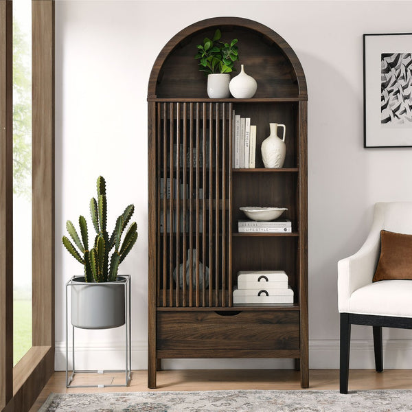 Modway Furniture Vaughn 71" Arched Storage Display Cabinet - Modern Design with Adjustable Shelves & Sliding Door Walnut EEI-7167-WAL