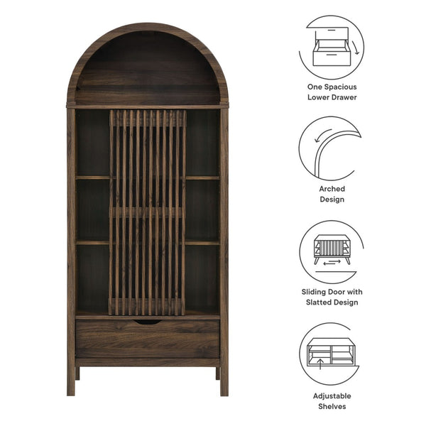 Modway Furniture Vaughn 71" Arched Storage Display Cabinet - Modern Design with Adjustable Shelves & Sliding Door Walnut EEI-7167-WAL