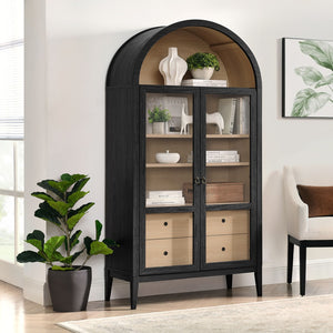 Modway Furniture Nolan 74" Tall Arched Storage Display Cabinet - Elegant Glass Doors, Adjustable Shelves & Drawers Black Oak EEI-7168-BLK-OAK