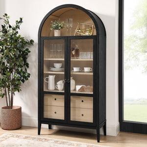 Modway Furniture Nolan 74" Tall Arched Storage Display Cabinet - Elegant Glass Doors, Adjustable Shelves & Drawers Black Oak EEI-7168-BLK-OAK