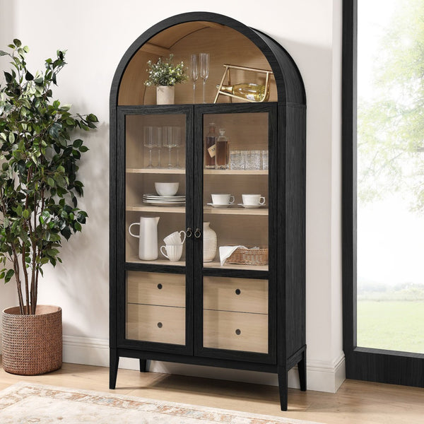 Modway Furniture Nolan 74" Tall Arched Storage Display Cabinet - Elegant Glass Doors, Adjustable Shelves & Drawers Black Oak EEI-7168-BLK-OAK