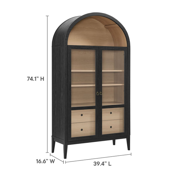 Modway Furniture Nolan 74" Tall Arched Storage Display Cabinet - Elegant Glass Doors, Adjustable Shelves & Drawers Black Oak EEI-7168-BLK-OAK