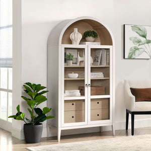 Modway Furniture Nolan 74" Tall Arched Storage Display Cabinet - Elegant Glass Doors, Adjustable Shelves & Drawers Ivory Oak EEI-7168-IVO-OAK
