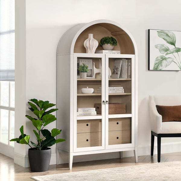Modway Furniture Nolan 74" Tall Arched Storage Display Cabinet - Elegant Glass Doors, Adjustable Shelves & Drawers Ivory Oak EEI-7168-IVO-OAK