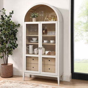 Modway Furniture Nolan 74" Tall Arched Storage Display Cabinet - Elegant Glass Doors, Adjustable Shelves & Drawers Ivory Oak EEI-7168-IVO-OAK