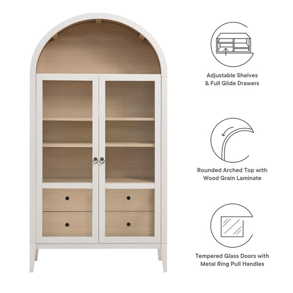 Modway Furniture Nolan 74" Tall Arched Storage Display Cabinet - Elegant Glass Doors, Adjustable Shelves & Drawers Ivory Oak EEI-7168-IVO-OAK