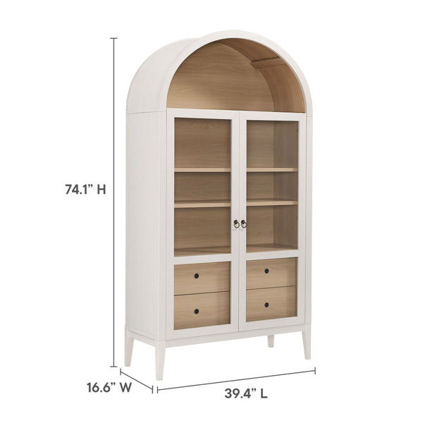 Modway Furniture Nolan 74" Tall Arched Storage Display Cabinet - Elegant Glass Doors, Adjustable Shelves & Drawers Ivory Oak EEI-7168-IVO-OAK