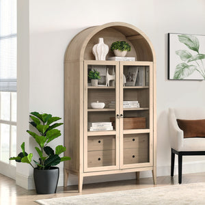 Modway Furniture Nolan 74" Tall Arched Storage Display Cabinet - Elegant Glass Doors, Adjustable Shelves & Drawers Light Oak EEI-7168-LOA