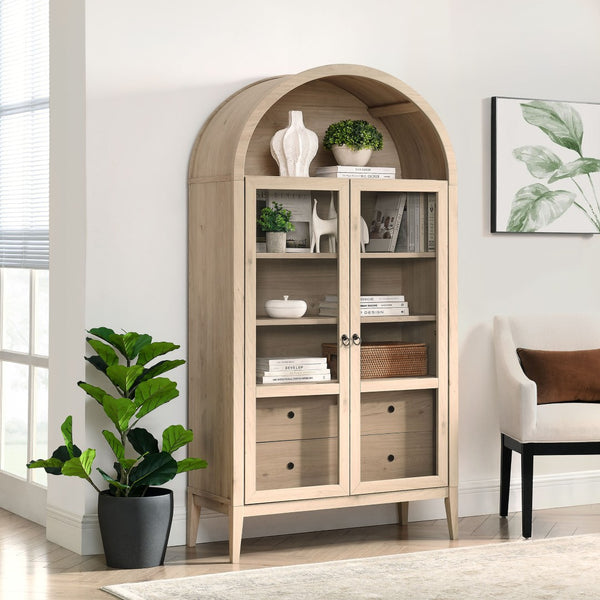 Modway Furniture Nolan 74" Tall Arched Storage Display Cabinet - Elegant Glass Doors, Adjustable Shelves & Drawers Light Oak EEI-7168-LOA
