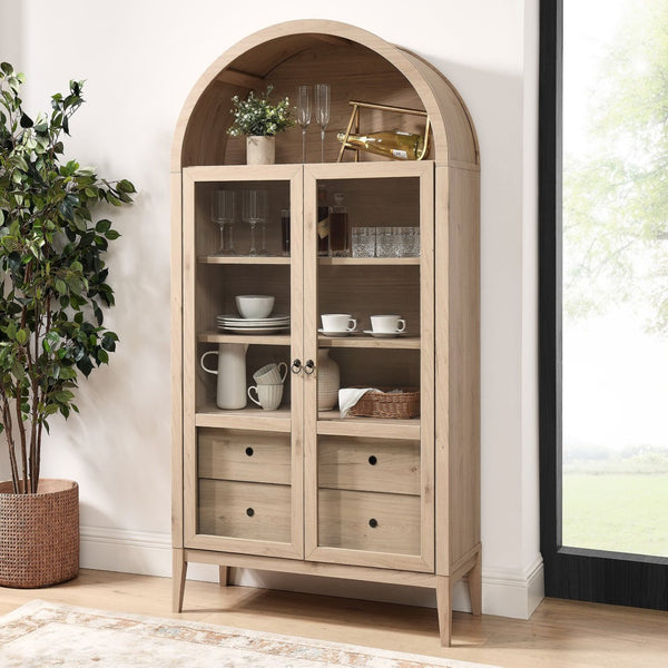 Modway Furniture Nolan 74" Tall Arched Storage Display Cabinet - Elegant Glass Doors, Adjustable Shelves & Drawers Light Oak EEI-7168-LOA