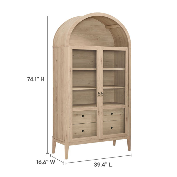 Modway Furniture Nolan 74" Tall Arched Storage Display Cabinet - Elegant Glass Doors, Adjustable Shelves & Drawers Light Oak EEI-7168-LOA