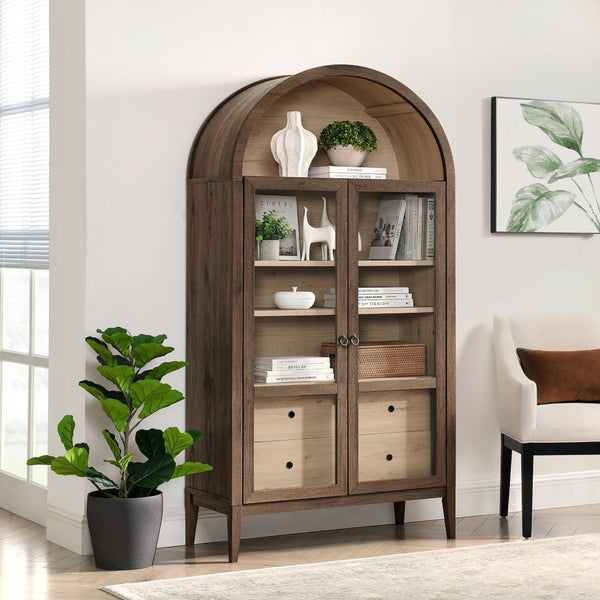 Modway Furniture Nolan 74" Tall Arched Storage Display Cabinet - Elegant Glass Doors, Adjustable Shelves & Drawers Walnut Light Oak EEI-7168-WAL-LOA