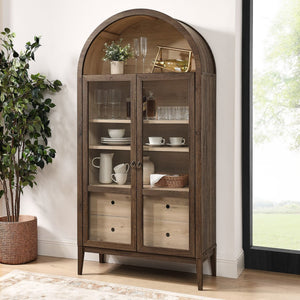 Modway Furniture Nolan 74" Tall Arched Storage Display Cabinet - Elegant Glass Doors, Adjustable Shelves & Drawers Walnut Light Oak EEI-7168-WAL-LOA