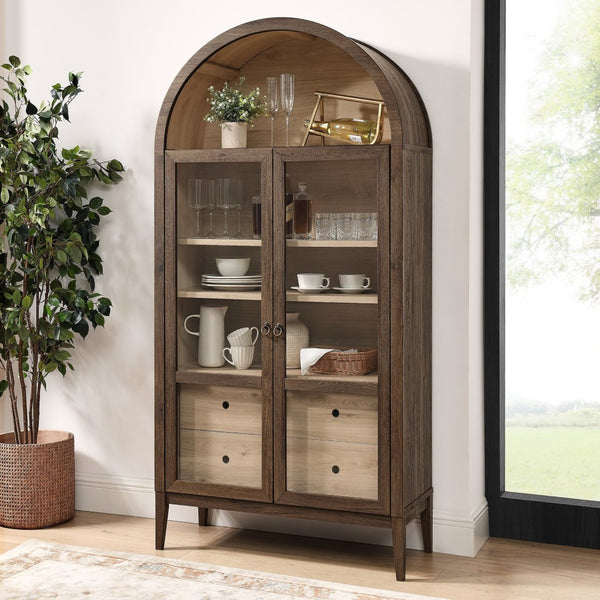 Modway Furniture Nolan 74" Tall Arched Storage Display Cabinet - Elegant Glass Doors, Adjustable Shelves & Drawers Walnut Light Oak EEI-7168-WAL-LOA