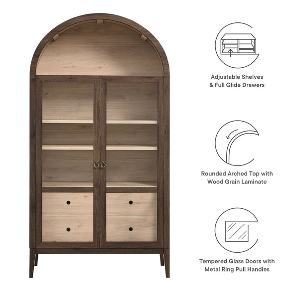 Modway Furniture Nolan 74" Tall Arched Storage Display Cabinet - Elegant Glass Doors, Adjustable Shelves & Drawers Walnut Light Oak EEI-7168-WAL-LOA