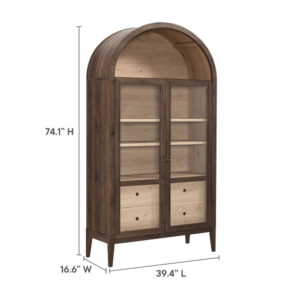 Modway Furniture Nolan 74" Tall Arched Storage Display Cabinet - Elegant Glass Doors, Adjustable Shelves & Drawers Walnut Light Oak EEI-7168-WAL-LOA