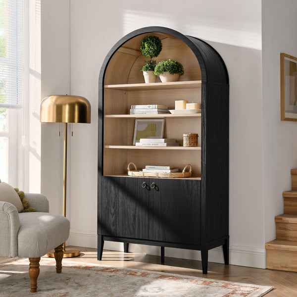 Modway Furniture Nolan 74" Tall Wide Arched Storage Display Cabinet - Stylish Farmhouse Charm for Any Room Decor Black Oak EEI-7169-BLK-OAK