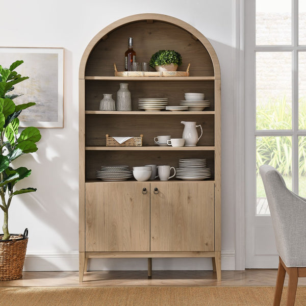 Modway Furniture Nolan 74" Tall Wide Arched Storage Display Cabinet - Stylish Farmhouse Charm for Any Room Decor Light Oak EEI-7169-LOA
