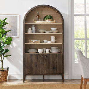 Modway Furniture Nolan 74" Tall Wide Arched Storage Display Cabinet - Stylish Farmhouse Charm for Any Room Decor Dark Walnut EEI-7169-WAL-LOA