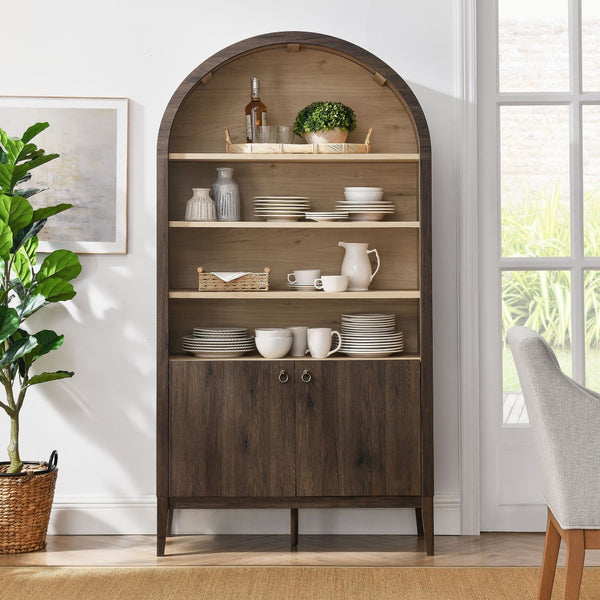Modway Furniture Nolan 74" Tall Wide Arched Storage Display Cabinet - Stylish Farmhouse Charm for Any Room Decor Dark Walnut EEI-7169-WAL-LOA