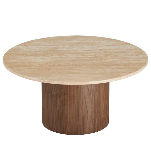 Modway Furniture Kioni Round Travertine Coffee Table - Modern Walnut Accent for Stylish Living Room Décor & Functionality EEI-7170-WAL-TRV