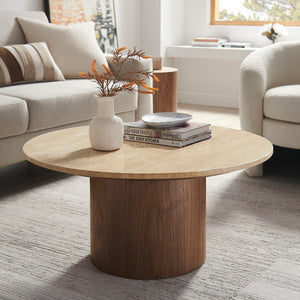 Modway Furniture Kioni Round Travertine Coffee Table - Modern Walnut Accent for Stylish Living Room Décor & Functionality EEI-7170-WAL-TRV