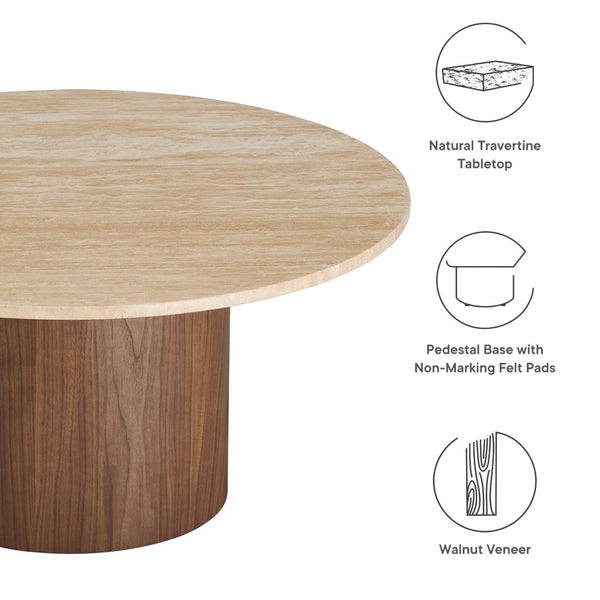Modway Furniture Kioni Round Travertine Coffee Table - Modern Walnut Accent for Stylish Living Room Décor & Functionality EEI-7170-WAL-TRV