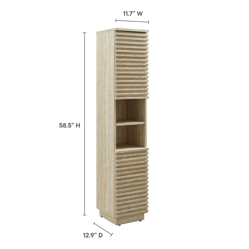 Modway Furniture Render Tall Narrow Faux Travertine Linen Storage Cabinet - Stylish Mid-Century Design & Versatile Storage EEI-7178-TRA