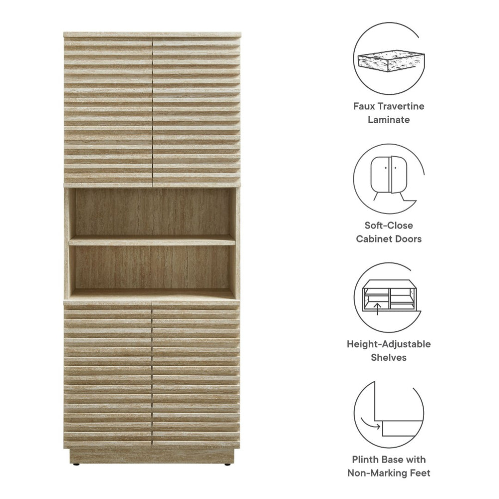 Modway Furniture Render Tall Faux Travertine Linen Storage Cabinet - Stylish Mid-Century Design for Any Room! EEI-7179-TRA