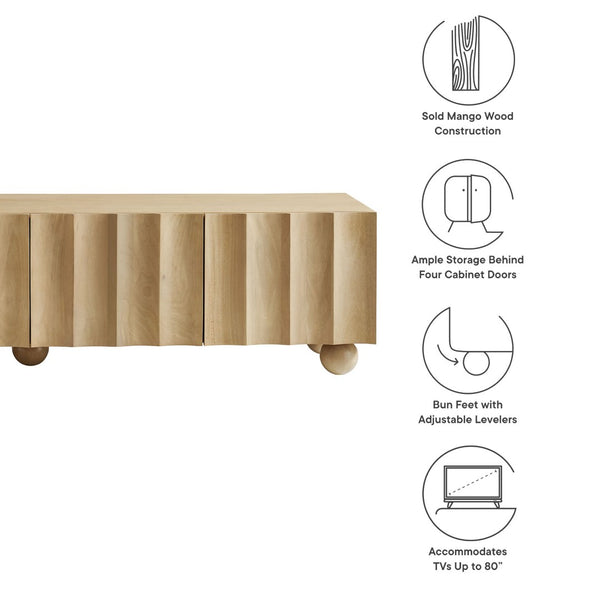 Modway Furniture Sorren Scalloped 71" Wood TV Stand - Modern Media Console with Storage & Cable Management Solution Natural EEI-7184-NAT