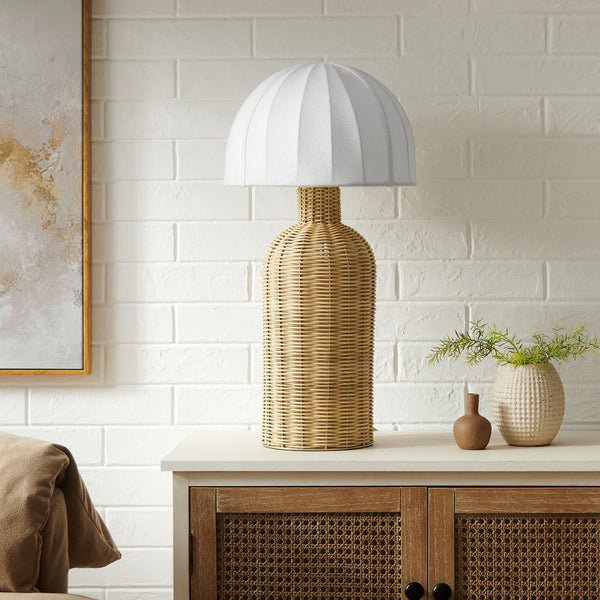 Modway Furniture Santo Rattan Table Lamp - Handwoven Dome Shade for Coastal Boho Style in Living Room & Bedroom EEI-7186-WHI-NAT