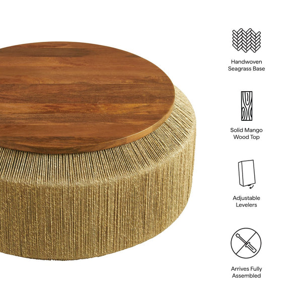 Modway Furniture Maris Seagrass and Wood Coffee Table – Handcrafted Drum-Style Centerpiece for Coastal Living Spaces EEI-7187-WAL-NAT