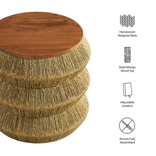 Modway Furniture Maris Coastal Seagrass and Wood End Table - Sculptural Design for Boho, Eclectic, and Modern Spaces EEI-7188-WAL-NAT