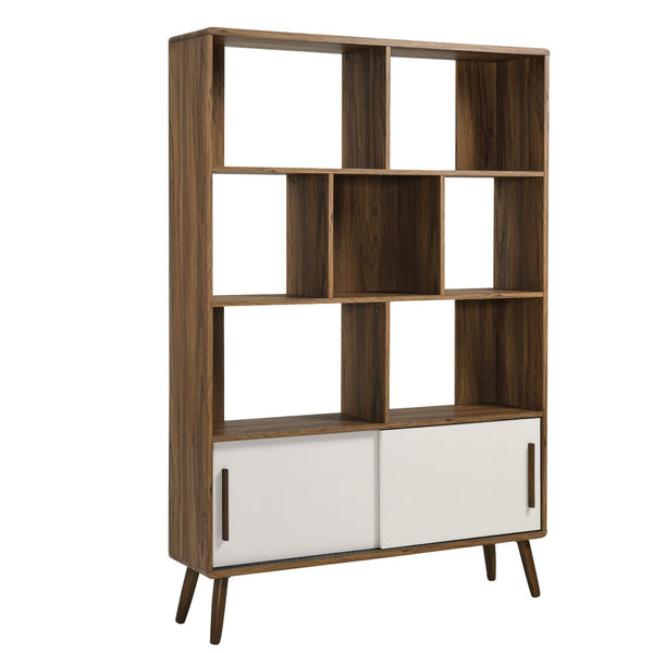 Modway Furniture Transmit 45" Bookcase with Sliding Doors – Stylish Mid-Century Design for Modern Storage Solutions Walnut Linen EEI-7193-WAL-LIN