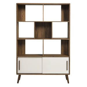 Modway Furniture Transmit 45" Bookcase with Sliding Doors – Stylish Mid-Century Design for Modern Storage Solutions Walnut Linen EEI-7193-WAL-LIN
