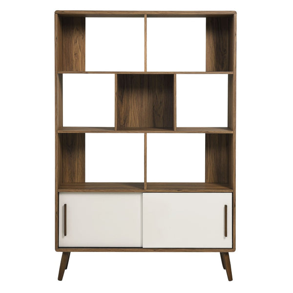 Modway Furniture Transmit 45" Bookcase with Sliding Doors – Stylish Mid-Century Design for Modern Storage Solutions Walnut Linen EEI-7193-WAL-LIN