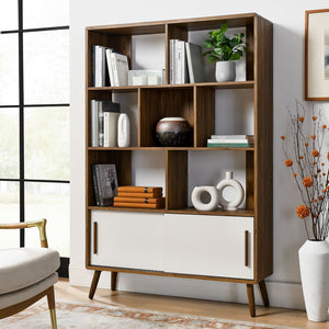 Modway Furniture Transmit 45" Bookcase with Sliding Doors – Stylish Mid-Century Design for Modern Storage Solutions Walnut Linen EEI-7193-WAL-LIN
