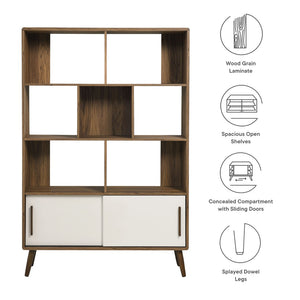 Modway Furniture Transmit 45" Bookcase with Sliding Doors – Stylish Mid-Century Design for Modern Storage Solutions Walnut Linen EEI-7193-WAL-LIN