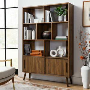 Modway Furniture Transmit 45" Bookcase with Sliding Doors – Stylish Mid-Century Design for Modern Storage Solutions Walnut EEI-7193-WAL