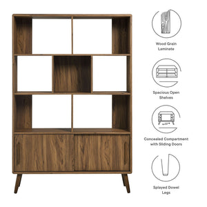 Modway Furniture Transmit 45" Bookcase with Sliding Doors – Stylish Mid-Century Design for Modern Storage Solutions Walnut EEI-7193-WAL