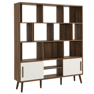 Modway Furniture Transmit 59" Bookcase with Sliding Doors - Stylish Mid-Century Design for Modern Living Spaces Walnut Linen EEI-7194-WAL-LIN