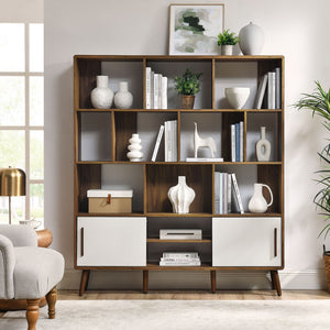 Modway Furniture Transmit 59" Bookcase with Sliding Doors - Stylish Mid-Century Design for Modern Living Spaces Walnut Linen EEI-7194-WAL-LIN