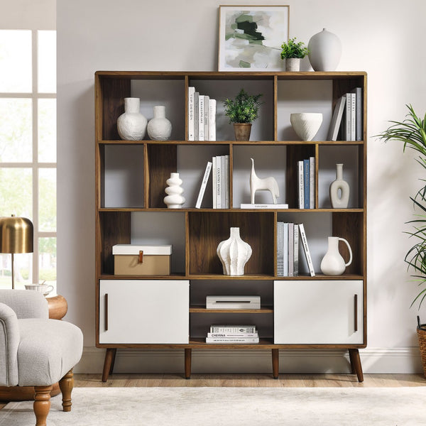 Modway Furniture Transmit 59" Bookcase with Sliding Doors - Stylish Mid-Century Design for Modern Living Spaces Walnut Linen EEI-7194-WAL-LIN