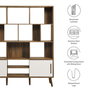 Modway Furniture Transmit 59" Bookcase with Sliding Doors - Stylish Mid-Century Design for Modern Living Spaces Walnut Linen EEI-7194-WAL-LIN