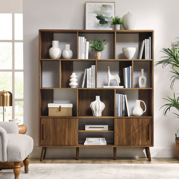Modway Furniture Transmit 59" Bookcase with Sliding Doors - Stylish Mid-Century Design for Modern Living Spaces Walnut EEI-7194-WAL