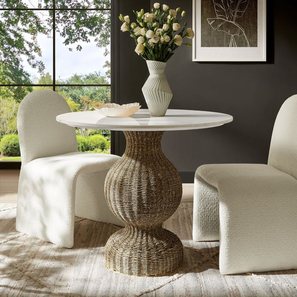Modway Furniture Zale 36" Round Marble Dining Table with Handwoven Seagrass Base - Perfect for Small Spaces & Style! EEI-7195-WHI-NAT