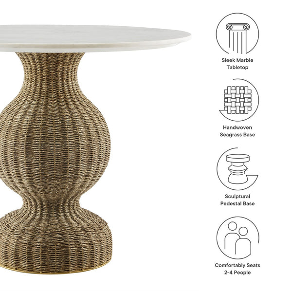 Modway Furniture Zale 36" Round Marble Dining Table with Handwoven Seagrass Base - Perfect for Small Spaces & Style! EEI-7195-WHI-NAT