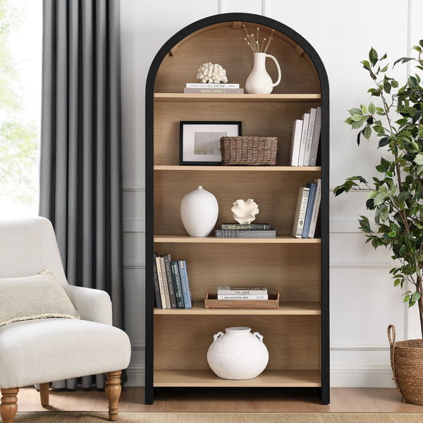 Modway Furniture Evie Arched Wide Bookcase - Five-Tier Display Cabinet with Elegant Design and Durable Functionality EEI-7202-BLK-OAK