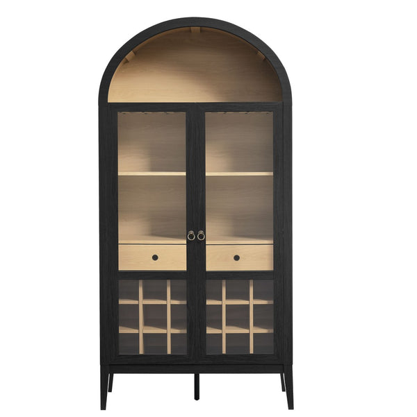 Modway Furniture Nolan Arched Bar Cabinet - Stylish Modern Farmhouse Storage with Tempered Glass Doors & Gold Accents Black Oak EEI-7203-BLK-OAK